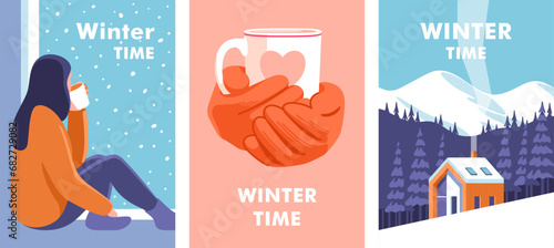 Winter time. Concept of vacation and travel. Young woman sitting on a windowsill. Female hands in knitted gloves holding a cup of hot drink. Winter landscape with house. Vector illustration.