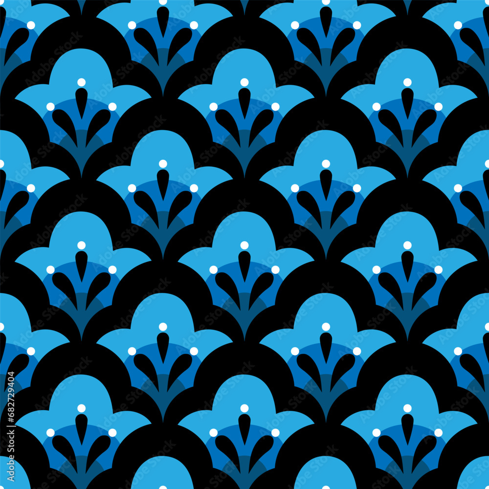 Geometric flower shapes with leaves. Abstract botanical elements in rows vector illustration. Colorful white blue indigo black seamless pattern on dark background.