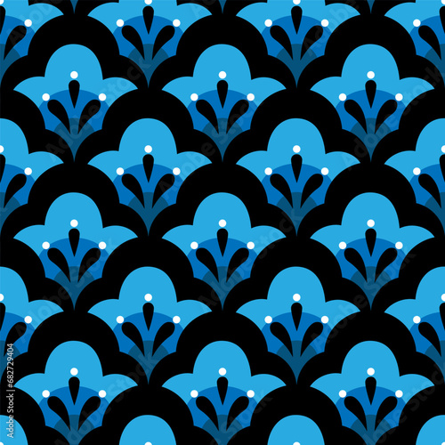 Obraz na płótnie Geometric flower shapes with leaves. Abstract botanical elements in rows vector illustration. Colorful white blue indigo black seamless pattern on dark background. w salonie