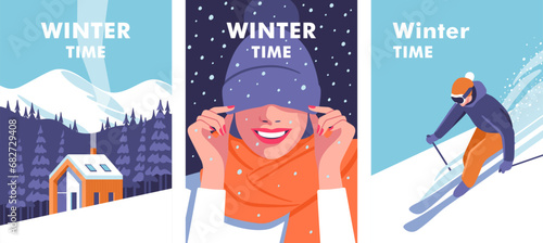 Active winter holidays. Concept of vacation, party and travel. Skier on the piste. Woman hidden eyes by hat and laughs. Winter landscape with house. Vector illustration.