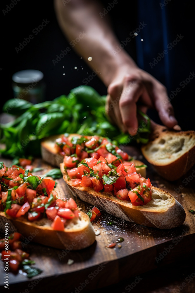 Freshness Unveiled: Preparing Tomato Basil Bruschetta with Herbs on Toasted Baguette