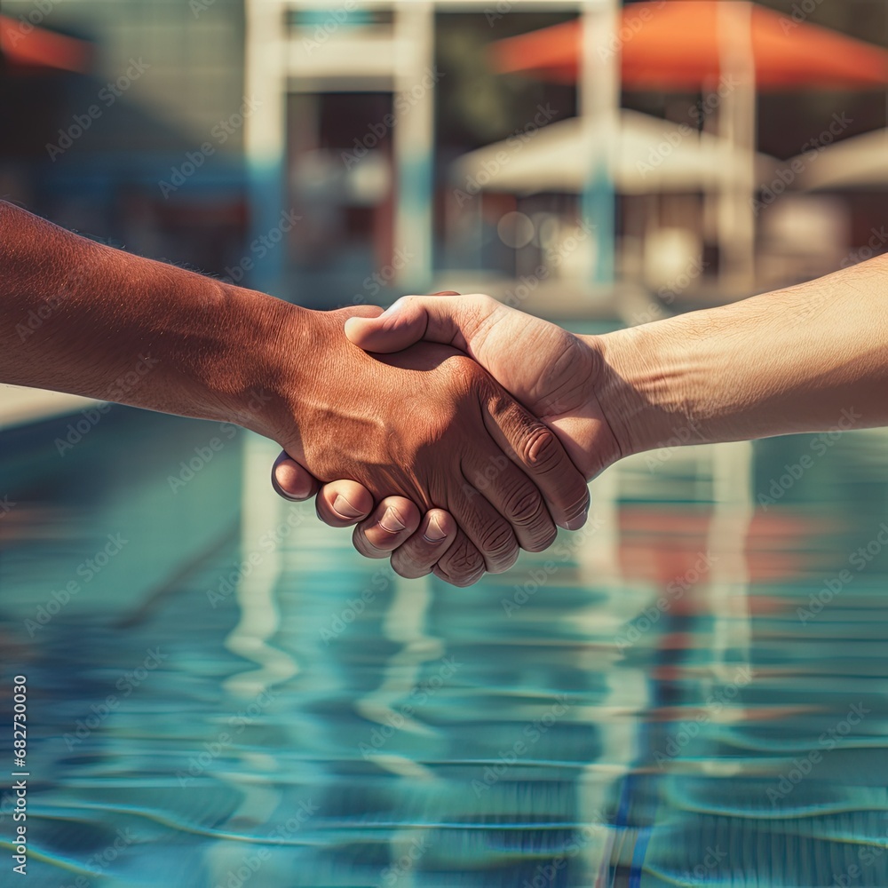 Handshake between a lifeguard and a swimmer at a swimming - obrazy, fototapety, plakaty 