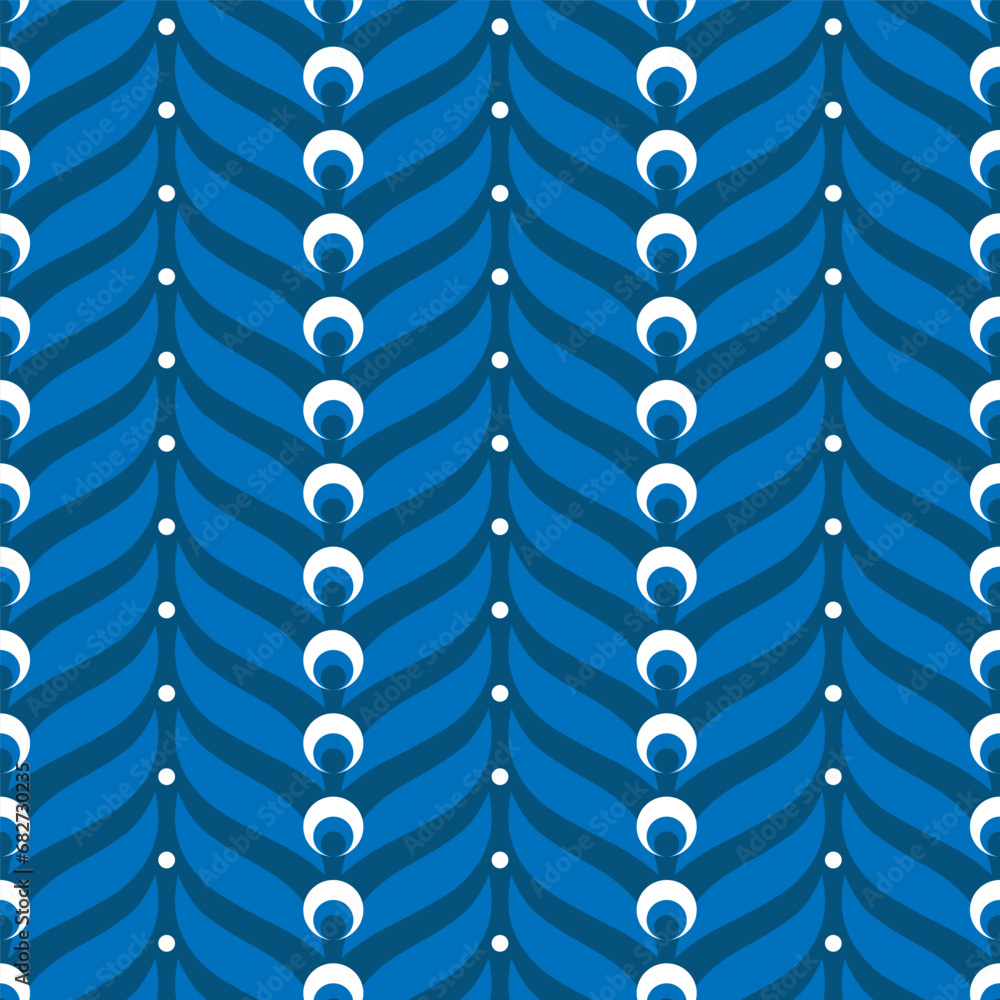 Geometric flower shapes with leaves. Abstract botanical elements in rows vector illustration. Colorful white blue indigo black seamless pattern on blue background.