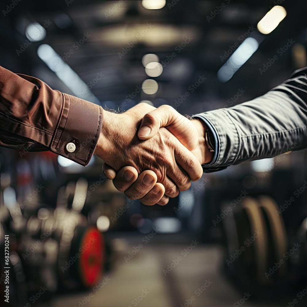 Handshake between a mechanic and a customer in an auto repair shop - obrazy, fototapety, plakaty 