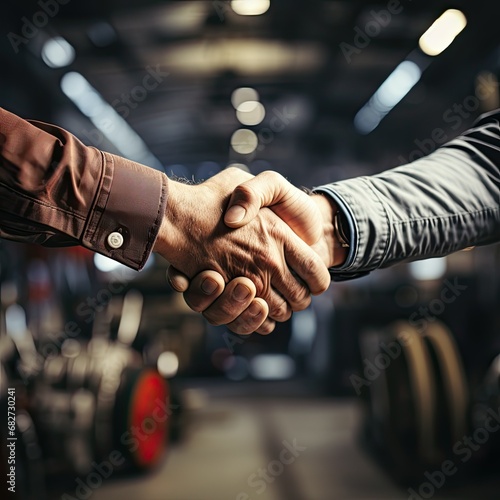 Handshake between a mechanic and a customer in an auto repair shop photo