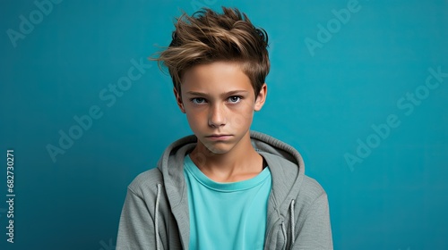 Teen Boy Annoyed on Teal Background