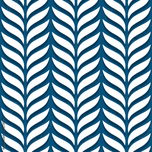 Obraz na płótnie Geometric leaf shapes in vertical rows. Abstract botanical elements vector illustration. White elegant modern seamless pattern on blue background. w salonie