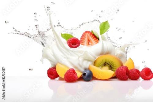 Berries Falling On Milk Splash. AI Generated