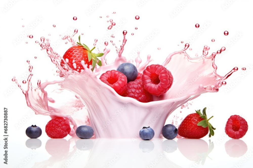 Berries Falling On Milk Splash. AI Generated Berries Falling On Milk Splash. AI Generated