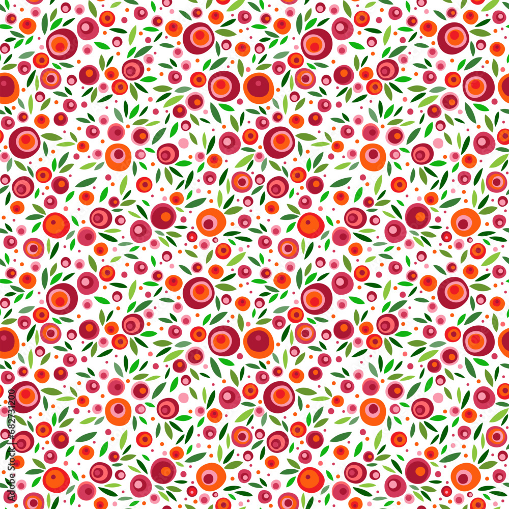 Seamless pattern of the colorful flowers with leaves
