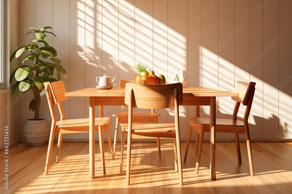 Dining room interior design with white wall, wooden chair and table and wooden floor. Created with Ai