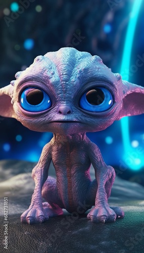 AI generated illustration of a cartoon alien with a unique face and big eyes on a bright background photo