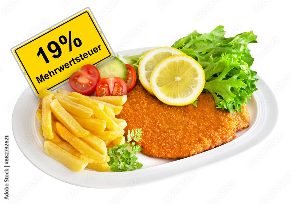 German yellow sign and value-added tax 19 % with cutlet isolated on white background - obrazy, fototapety, plakaty 