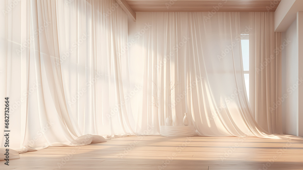 Empty room PPT background graphic poster with white curtains and wooden floor
