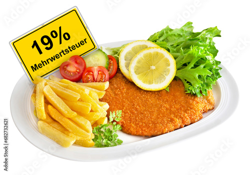German yellow sign and value-added tax 19 % with cutlet isolated on white background