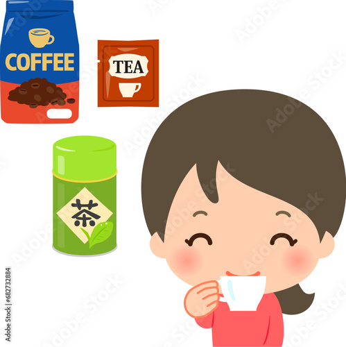 コーヒーや紅茶を飲む笑顔の女性