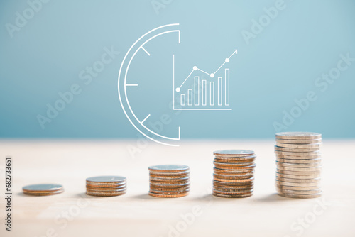 Silver coins form a stack adjacent to a trading chart rising arrow, illustrating financial concepts and investment in business stock growth. Technology leaps shape this landscape. money saving graph