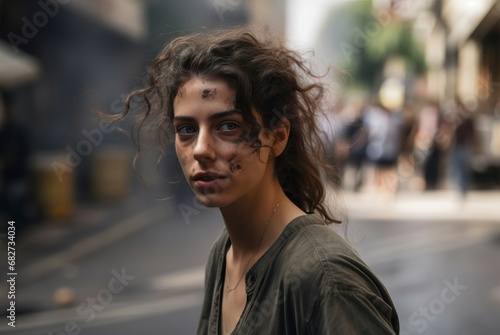 Injured Israeli woman on city street during the rocket attack. Scared lady outdoor in war dangerous period. Generate ai