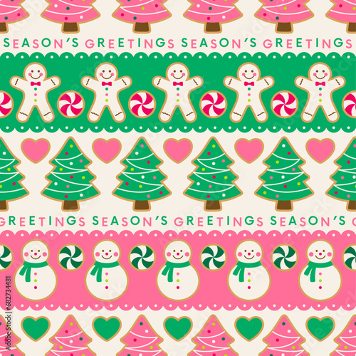 Cute cookies with seamless striped pattern design for new year and christmas holidays background.