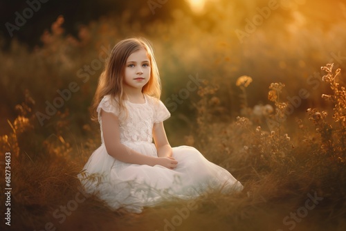Little girl white dress field outdoor portrait. Nature kid face happy beauty. Generate Ai