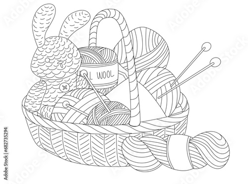 Basket with yarn, knitting needles and a knitted toy rabbit. Concept Vector illustration for home craft stores and postcard design. World Knitting Day in Public Places.