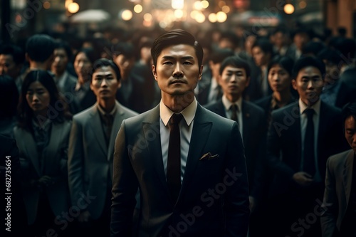 Man suit front crowd people. Businessman standing adult work portrait. Generate Ai