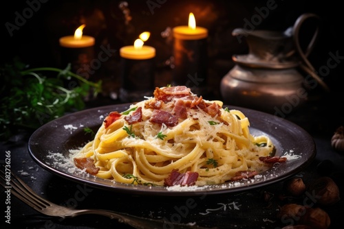 Delicious pasta carbonara with bacon in plate on dark background.