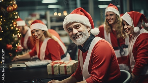 Workers wearing Santa hats smile. Generative Ai. photo