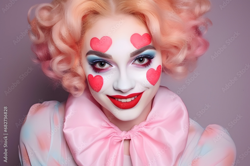 Portrait of pretty woman dressed up with colorful clown costume with face paint with hearts