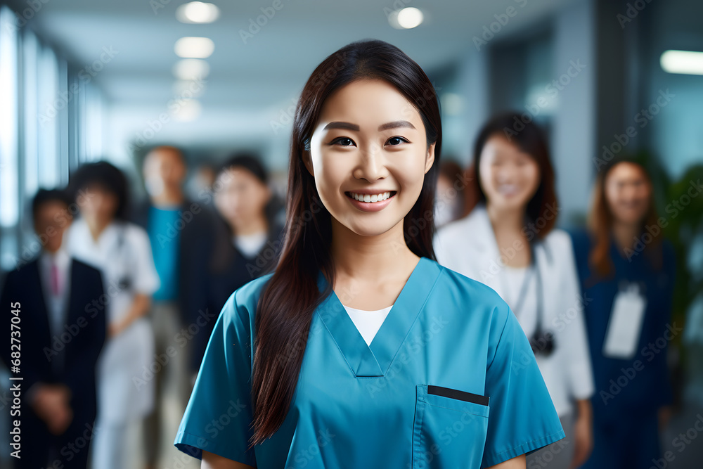 Obraz premium Smiling young female asian nurse with uniform