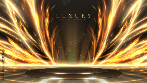 Empty podium golden on black background with light neon and fire effects with bokeh decorations. Luxury scene design concept. Vector illustrations.