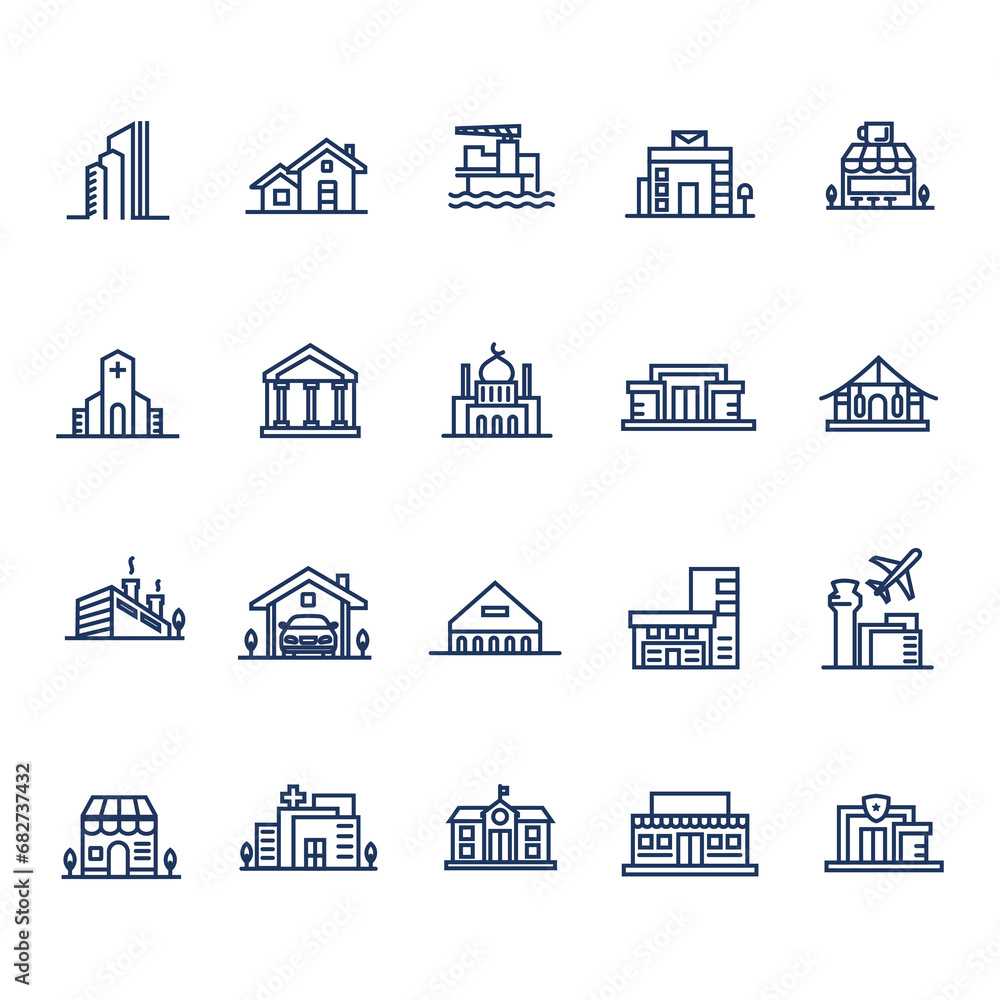 Collection of Vector Line Icons Related Building. Contains Icons such as school, church, factory