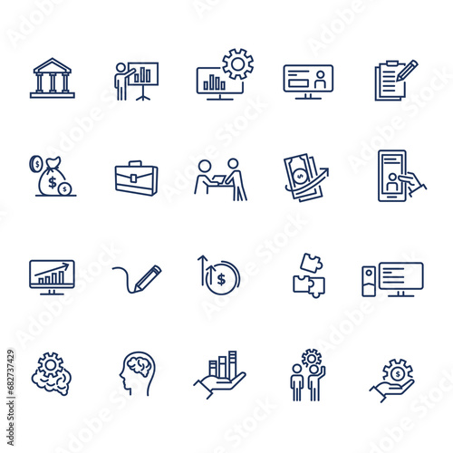 Collection of Vector Line Icons Related business management. Contains Icons such as people, money, analysis