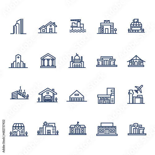 Collection of Vector Line Icons Related Building. Contains Icons such as school, church, factory