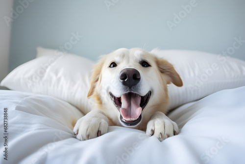 Smiling dog on a white bed