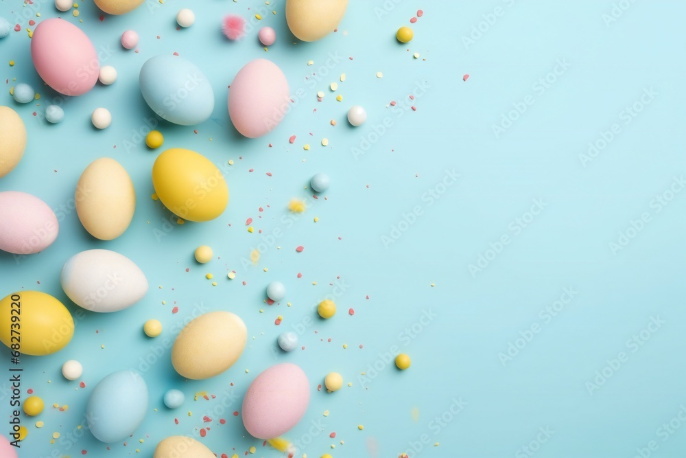 Easter decor concept. Top view photo of yellow pink blue easter eggs and sprinkles on isolated pastel blue background with copy space