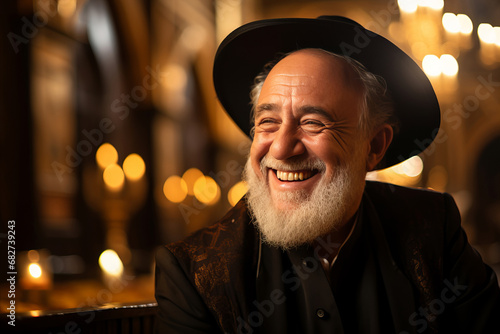 Portrait of a smiling old rabbi inside a Jewish church