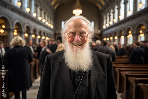 Portrait of an old Jewish priest in a church with candles in the dark photo