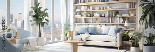 Artistic Ambiance: Panoramic Living with Blue Accents
