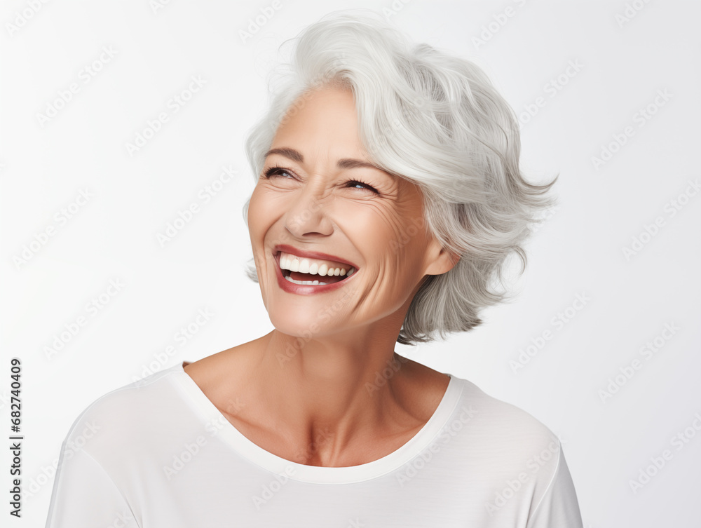 Beautiful old woman laughing. Full mouth smile. Isolated on white background Beautiful old woman laughing. Full mouth smile. Isolated on white background