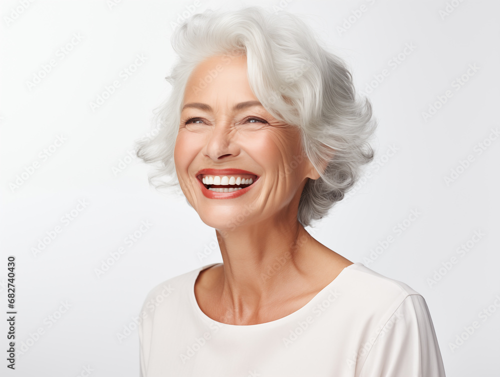 Beautiful old woman laughing. Full mouth smile. Isolated on white background Beautiful old woman laughing. Full mouth smile. Isolated on white background