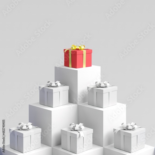 Close up Outstanding Red gift box standing one put on white color stage mock up. Christmas idea concept Celebration. 3D Rendering.

