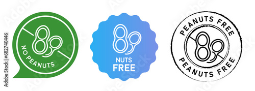 Peanut free no nuts emblem tag circle set label rubber stamp collection in green blue gradient and black color