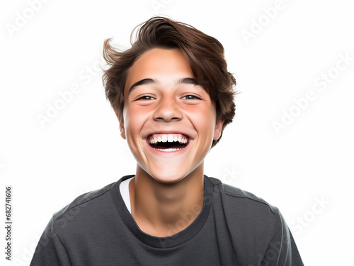 Beautiful teenage boy laughing. Full mouth smile. Isolated on white background 