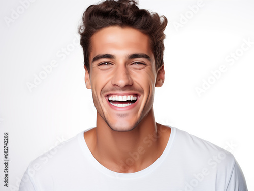 A young handsome brown-haired man laughs. A full-mouth smile. Isolated on white background