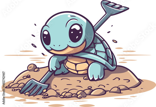 Cute little turtle digging a hole in the ground vector illustration