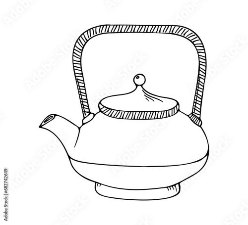 Outline hand drawing tea pot. Teapot doodle illustration. Tea ceremony vector design elements