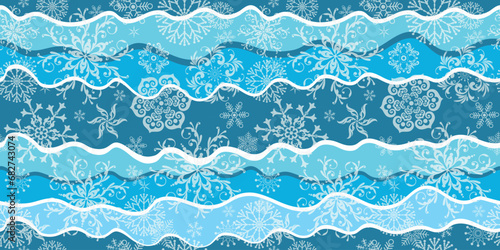 Vector seamless Christmas blue striped wavy pattern with lace snowflakes