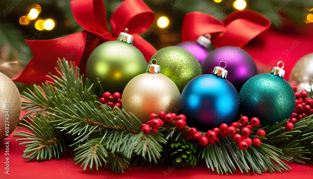 Christmas and New Year background, colorful glass balls decorate on Lush pine leaves, pine fruit, ribbons, holiday elements, banners, posters. Christmas and New Year background, colorful glass balls decorate on Lush pine leaves, pine fruit, ribbons, holiday elements, banners, posters.