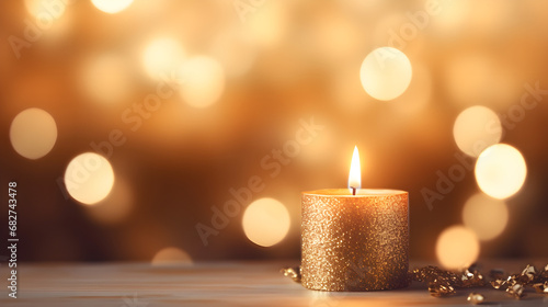 christmas candle on a wooden background Cozy blurred background idea for Christmas with candles,generative AI Golden candles on a wooden table.